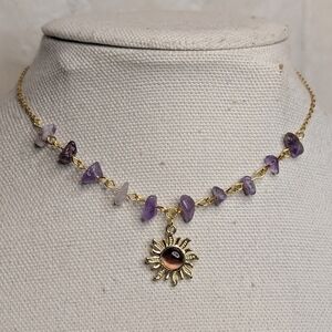 Chic Gold Necklace with Amethyst Crystal Gemstones and Sun Charm